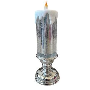 13in Illuminated Glitter Pedestal Candle by VALERIE in SILVER  Holiday Decor New